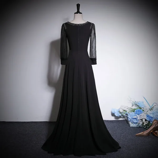 Vintage / Retro Black Rhinestone Prom Dresses 2023 A-Line / Princess Scoop Neck Long Sleeve Floor-Length / Long Prom Formal Dresses