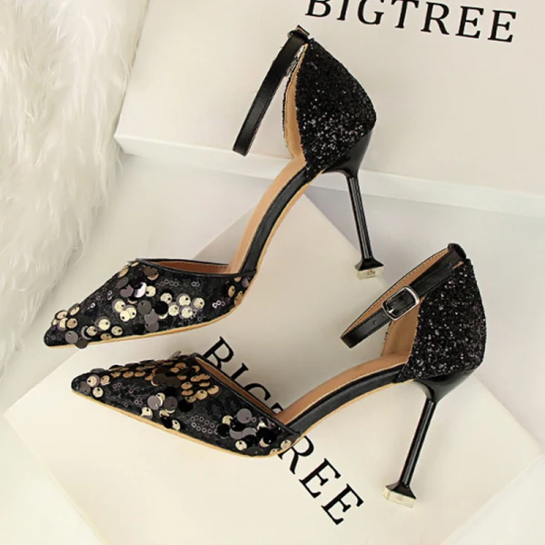 Affordable Silver Casual Womens Shoes 2019 Ankle Strap Sequins 9 cm Stiletto Heels Pointed Toe High Heels