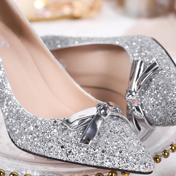 Scintillantes Argenté Chaussure De Mariée 2019 Paillettes Noeud 7 cm Talons Aiguilles À Bout Pointu Mariage Escarpins