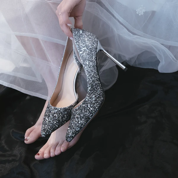Sparkly Sølv Brudesko 2019 Paljetter 7 cm Stiletthæler Spisse Bryllup Høyhælte
