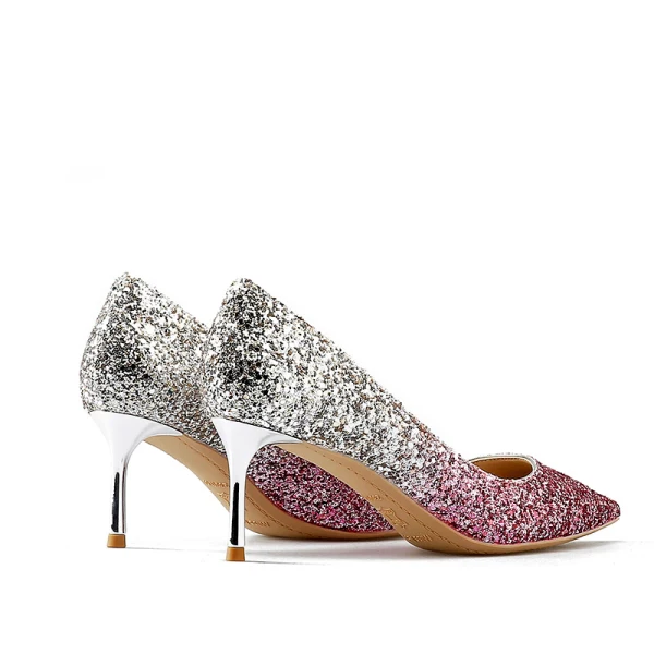 Sparkly Silver Evening Party Pumps 2019 Leather Sequins 6 cm Stiletto Heels Pointed Toe Pumps