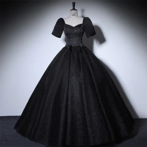 Élégant Noire Robe De Bal 2022 Robe Boule Encolure Carrée Gonflée Manches Courtes Étoile Paillettes Dos Nu Longue Robe De Ceremonie