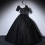 Elegant Black Prom Dresses 2022 Ball Gown Square Neckline Puffy Short Sleeve Star Sequins Backless Floor-Length / Long Formal Dresses