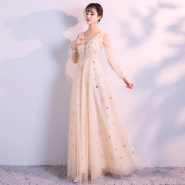 Elegant Champagne Evening Dresses 2018 Empire V-Neck Long Sleeve Pearl Glitter Star Floor-Length / Long Ruffle Backless Formal Dresses