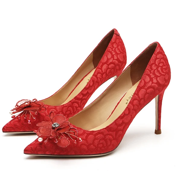 Chinese style Red Lace Flower Wedding Shoes 2021 Leather Rhinestone 9 cm Stiletto Heels Pointed Toe Wedding Pumps High Heels