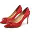 Chinese style Red Lace Flower Wedding Shoes 2021 Leather Rhinestone 9 cm Stiletto Heels Pointed Toe Wedding Pumps High Heels