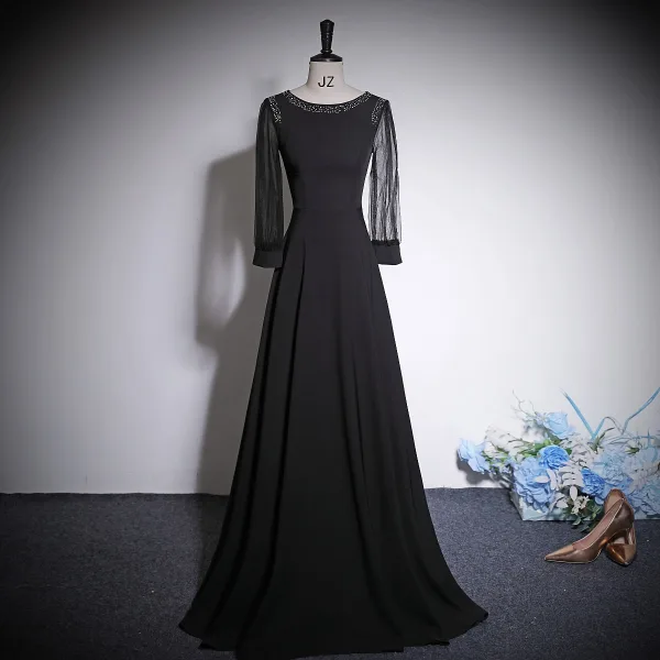 Vintage Retro Black Rhinestone Prom Dresses 2023 A-Line Princess Scoop Neck Long Sleeve