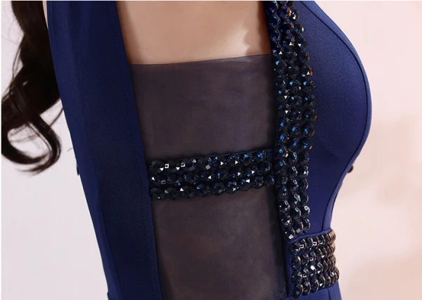 Chic / Belle Bleu Marine Robe De Soirée 2019 Trompette / Sirène V-Cou Perlage Cristal Sans Manches Dos Nu Longue Robe De Ceremonie