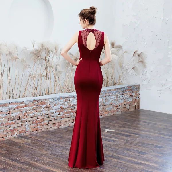 Chic / Beautiful Dark Green Evening Dresses 2019 Trumpet / Mermaid High Neck Beading Sleeveless Backless Floor-Length / Long Formal Dresses