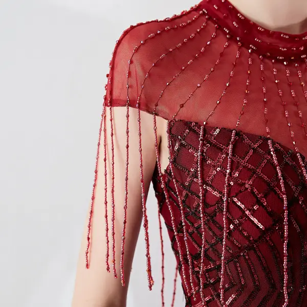 Classy Burgundy Evening Dresses 2019 Trumpet / Mermaid Scoop Neck Beading Tassel Sequins Short Sleeve Floor-Length / Long Formal Dresses
