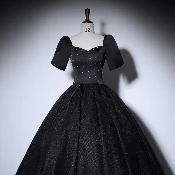 Elegant Black Prom Dresses 2022 Ball Gown Square Neckline Puffy Short Sleeve Star Sequins Backless Floor-Length / Long Formal Dresses