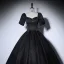 Elegant Black Prom Dresses 2022 Ball Gown Square Neckline Puffy Short Sleeve Star Sequins Backless Floor-Length / Long Formal Dresses