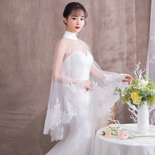 Élégant Ivoire Transparentes Robe De Soirée Avec Châle 2018 Trompette / Sirène Col Haut Sans Manches Appliques En Dentelle Chapel Train Robe De Ceremonie
