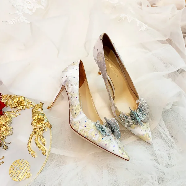 Charming Silver Lace Butterfly Wedding Shoes 2021 Leather Rhinestone 9 cm Stiletto Heels Pointed Toe Wedding Pumps High Heels