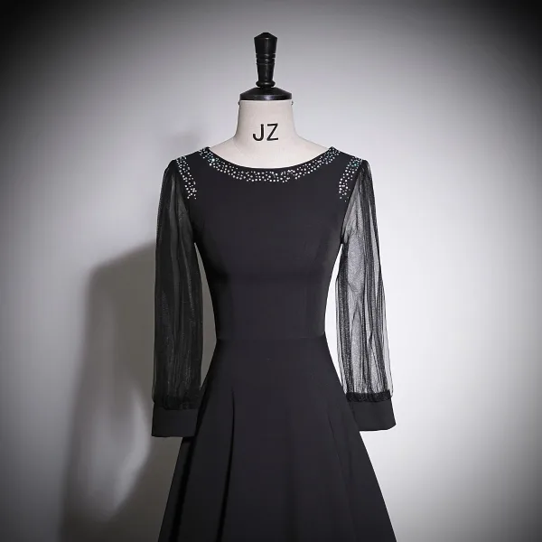 Vintage / Retro Black Rhinestone Prom Dresses 2023 A-Line / Princess Scoop Neck Long Sleeve Floor-Length / Long Prom Formal Dresses