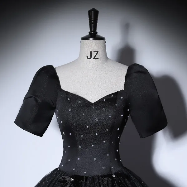 Elegant Black Prom Dresses 2022 Ball Gown Square Neckline Puffy Short Sleeve Star Sequins Backless Floor-Length / Long Formal Dresses