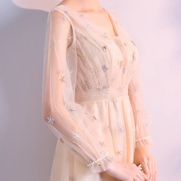 Elegant Champagne Evening Dresses 2018 Empire V-Neck Long Sleeve Pearl Glitter Star Floor-Length / Long Ruffle Backless Formal Dresses