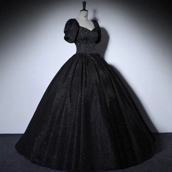 Elegant Black Prom Dresses 2022 Ball Gown Square Neckline Puffy Short Sleeve Star Sequins Backless Floor-Length / Long Formal Dresses