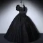 Elegant Black Prom Dresses 2022 Ball Gown Square Neckline Puffy Short Sleeve Star Sequins Backless Floor-Length / Long Formal Dresses