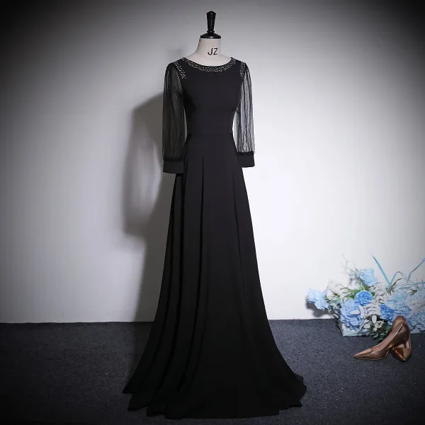 Vintage / Retro Black Rhinestone Prom Dresses 2023 A-Line / Princess Scoop Neck Long Sleeve Floor-Length / Long Prom Formal Dresses