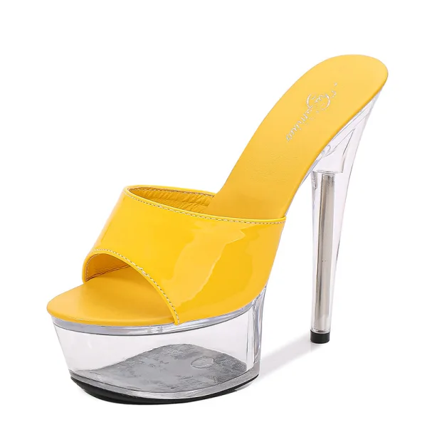 Sexy Black Rave Club Womens Sandals 2020 Patent Leather 15 cm Stiletto Heels Open / Peep Toe Sandals