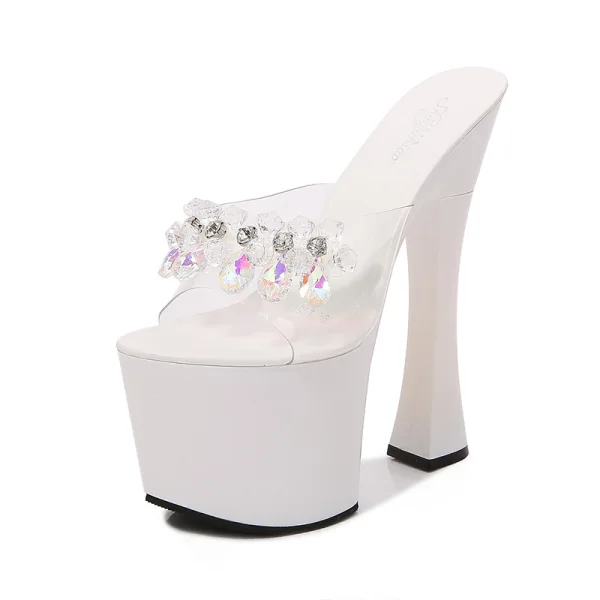 Sexy Blanche Club de carnaval Été Cristal Sandales Femme 2020 Faux Diamant 17 cm Talons Épais Peep Toes / Bout Ouvert Sandales