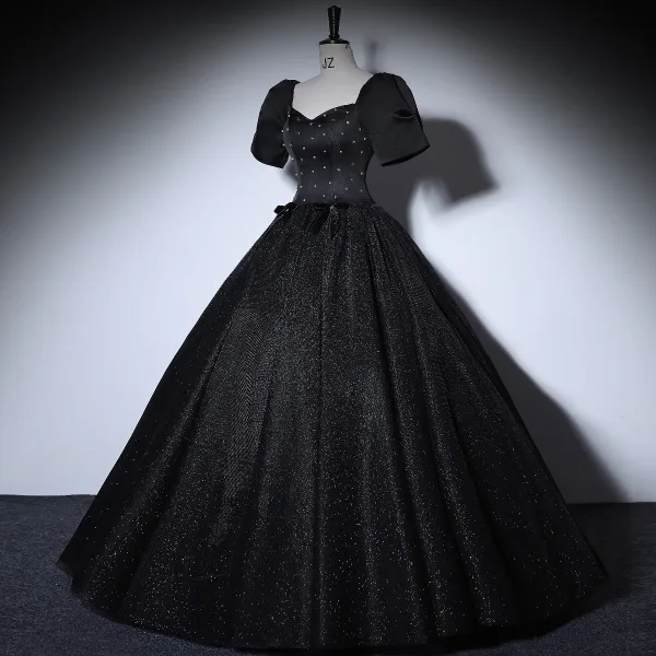 Elegant Black Prom Dresses 2022 Ball Gown Square Neckline Puffy Short Sleeve Star Sequins Backless Floor-Length / Long Formal Dresses