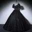 Elegant Black Prom Dresses 2022 Ball Gown Square Neckline Puffy Short Sleeve Star Sequins Backless Floor-Length / Long Formal Dresses