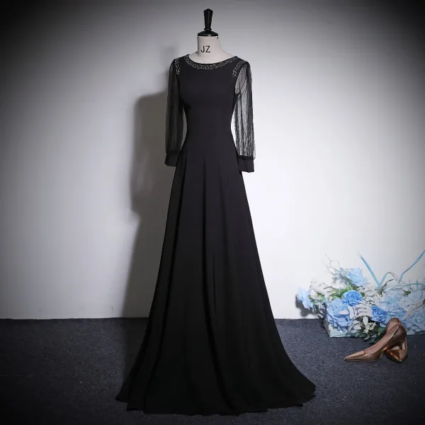 Vintage / Retro Black Rhinestone Prom Dresses 2023 A-Line / Princess Scoop Neck Long Sleeve Floor-Length / Long Prom Formal Dresses
