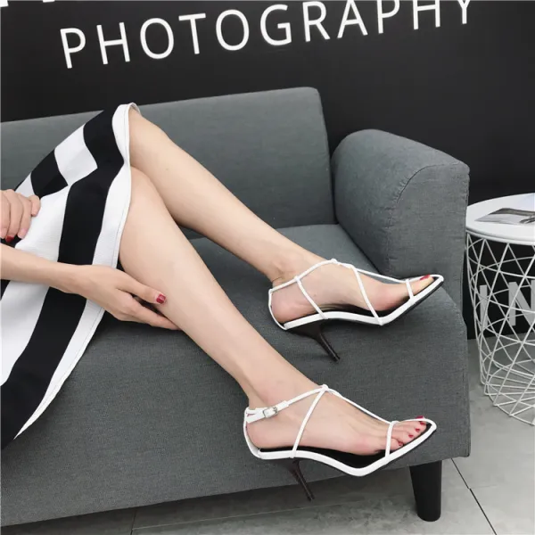 Roman Modest / Simple White Casual Womens Sandals 2020 7 cm Stiletto Heels Open / Peep Toe Sandals
