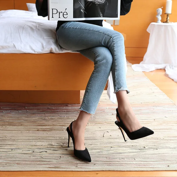 Schlicht Beige Büro OL Slingpumps Sandalen Damen 2020 Wildleder 10 cm Stilettos Spitzschuh Sandaletten