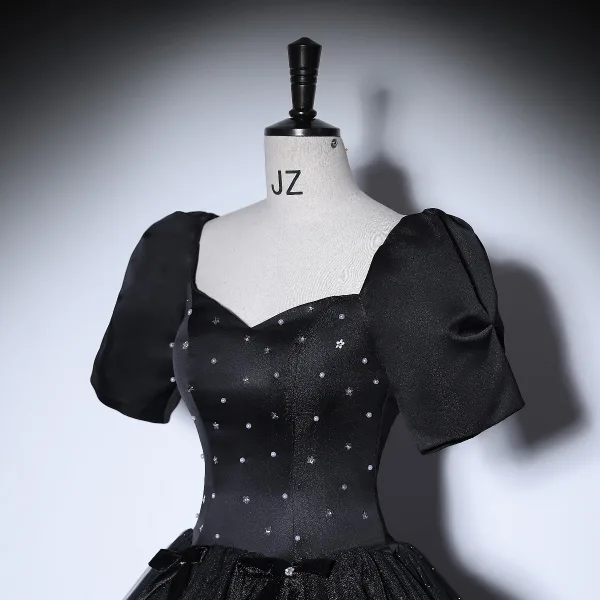 Elegant Black Prom Dresses 2022 Ball Gown Square Neckline Puffy Short Sleeve Star Sequins Backless Floor-Length / Long Formal Dresses