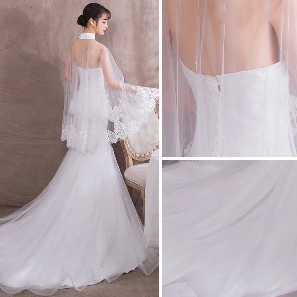 Élégant Ivoire Transparentes Robe De Soirée Avec Châle 2018 Trompette / Sirène Col Haut Sans Manches Appliques En Dentelle Chapel Train Robe De Ceremonie