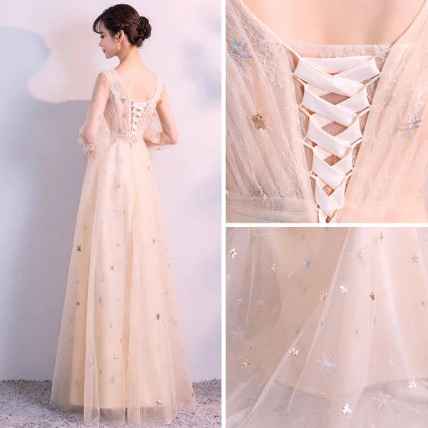 Elegant Champagne Evening Dresses 2018 Empire V-Neck Long Sleeve Pearl Glitter Star Floor-Length / Long Ruffle Backless Formal Dresses