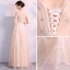 Elegant Champagne Evening Dresses  2018 Empire V-Neck Long Sleeve Pearl Glitter Star Floor-Length / Long Ruffle Backless Formal Dresses