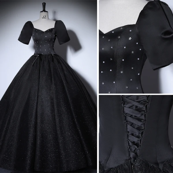 Elegant Black Prom Dresses 2022 Ball Gown Square Neckline Puffy Short Sleeve Star Sequins Backless Floor-Length / Long Formal Dresses