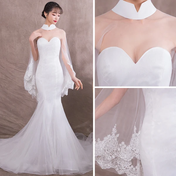 Élégant Ivoire Transparentes Robe De Soirée Avec Châle 2018 Trompette / Sirène Col Haut Sans Manches Appliques En Dentelle Chapel Train Robe De Ceremonie