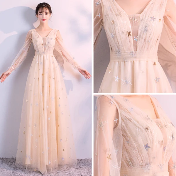 Elegant Champagne Evening Dresses 2018 Empire V-Neck Long Sleeve Pearl Glitter Star Floor-Length / Long Ruffle Backless Formal Dresses