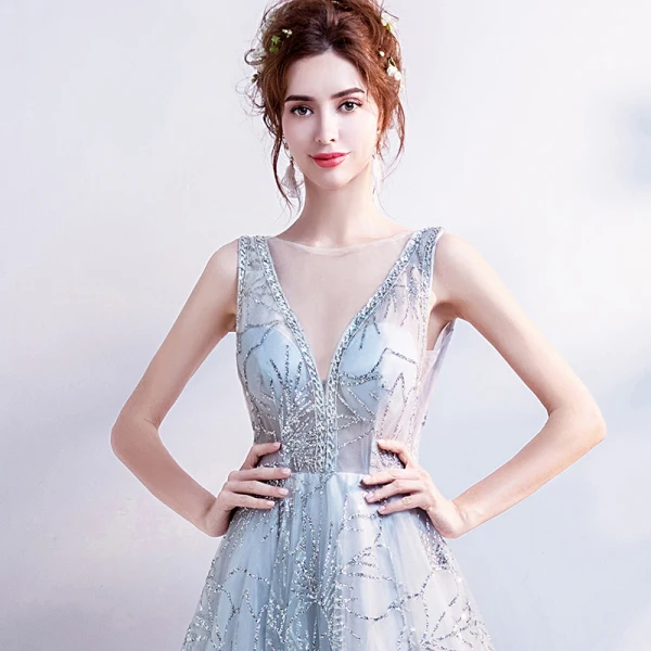 Sparkly Grey Evening Dresses  2018 Tulle Glitter Sequins Evening Party Formal Dresses
