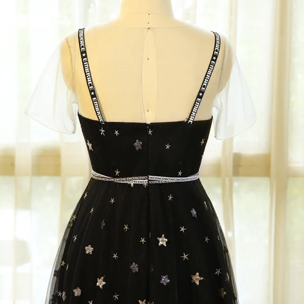 Chic / Beautiful Black Plus Size Prom Dresses 2018 A-Line / Princess Zipper Up Tulle U-Neck Star Backless Beading Sequins Embroidered Evening Party Evening Dresses