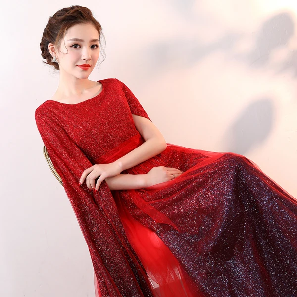 Luxury / Gorgeous Sparkly Bling Bling Burgundy Floor-Length / Long Evening Dresses 2018 A-Line / Princess With Cloak Beading Sequins Evening Party Prom Dresses