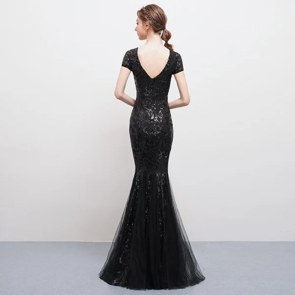 Modern / Fashion Black Floor-Length / Long Evening Dresses 2018 Trumpet / Mermaid U-Neck Tulle Backless Beading Sequins Rhinestone Formal Dresses