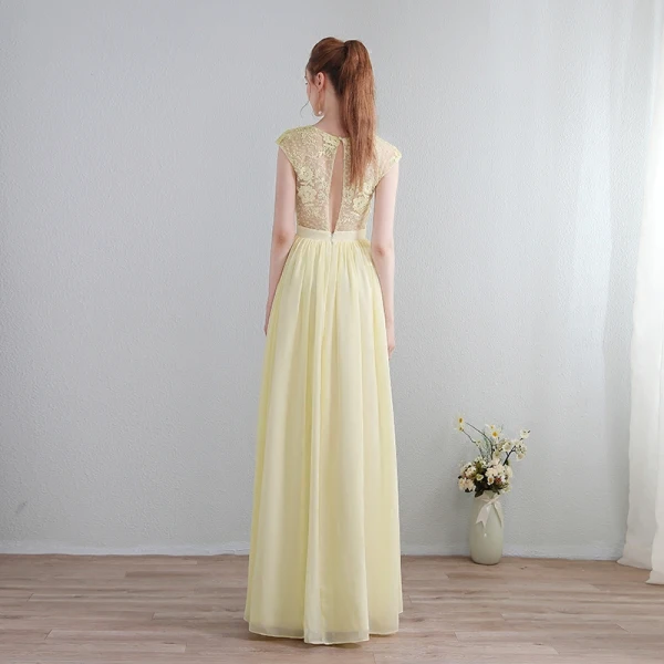 Modern / Fashion Floor-Length / Long Yellow Evening Dresses 2018 A-Line / Princess U-Neck Chiffon Lace-up Appliques Backless Pierced Formal Dresses