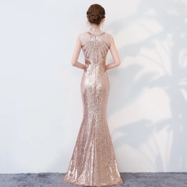Sparkly Bling Bling Gold Floor-Length / Long Evening Dresses 2018 Trumpet / Mermaid High Neck Beading Rhinestone Sequins Evening Party Formal Dresses