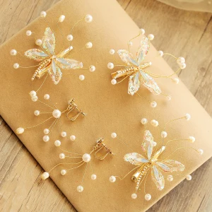 Romantic Lovely Gold Earrings Headpieces 2020 Beading Pearl Rhinestone Butterfly Wedding Prom Accessories