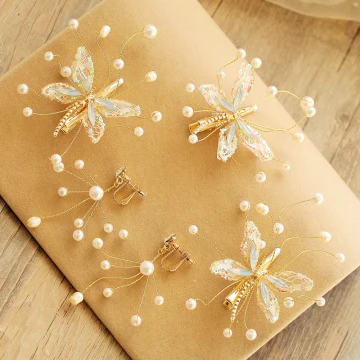 Romantic Lovely Gold Earrings Headpieces 2020 Beading Pearl Rhinestone Butterfly Wedding Prom Accessories