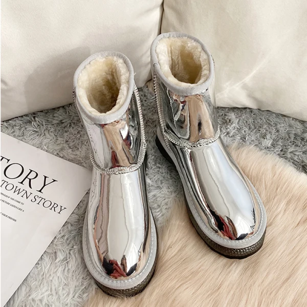 Amazing / Unique Silver Snow Boots 2020 Woolen Patent Leather Casual Outdoor / Garden Winter Flat Round Toe Womens Boots