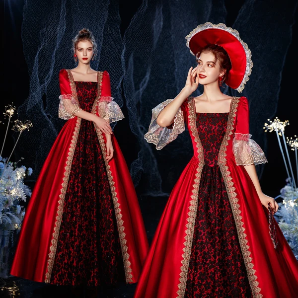 Vintage / Originale Médiévale Gothique Rouge Robe Boule Robe De Bal 2021 En Dentelle Bretelles croisées 1/2 Manches Encolure Carrée Longue Fait main Perlage Faux Diamant Cosplay Promo Robe De Ceremonie