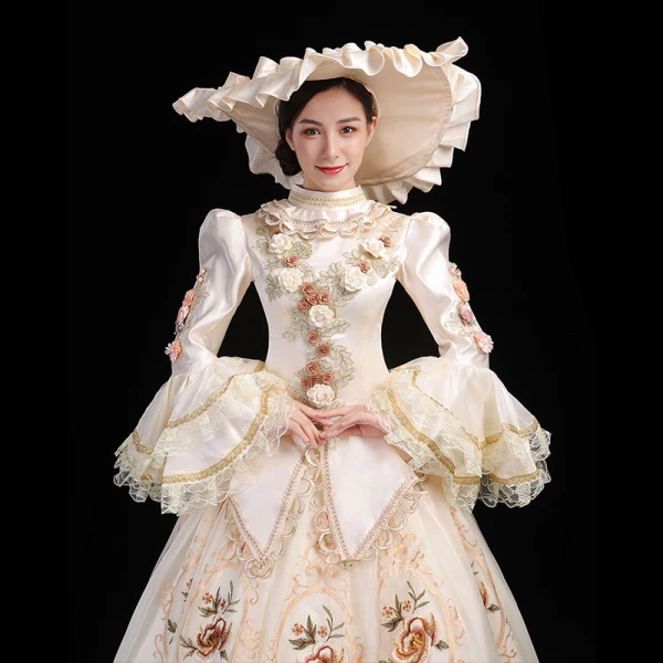 Vintage / Retro Medieval Ivory Ball Gown Prom Dresses 2021 High Neck Long Sleeve Floor-Length / Long 3D Lace Embroidered Flower Printing Cosplay Prom Formal Dresses
