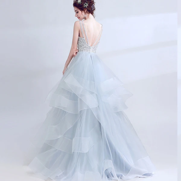 Chic / Belle Argenté Robe De Soirée 2017 Robe Boule U-Cou Dentelle Dos Nu Perlage Fait main Soirée Robe De Bal